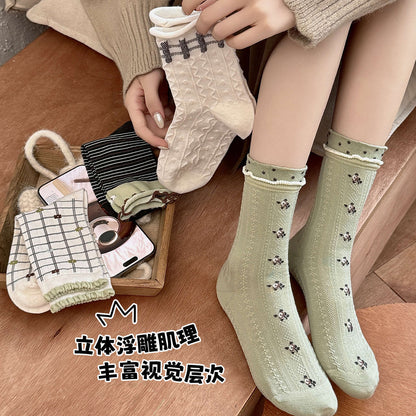 CHEEMY FREE复古潮流森系花边中筒袜子女秋韩系ins风无骨堆堆棉袜