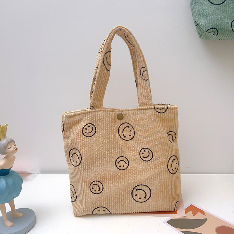 Corduroy Tote Bag with Smiley Face Design