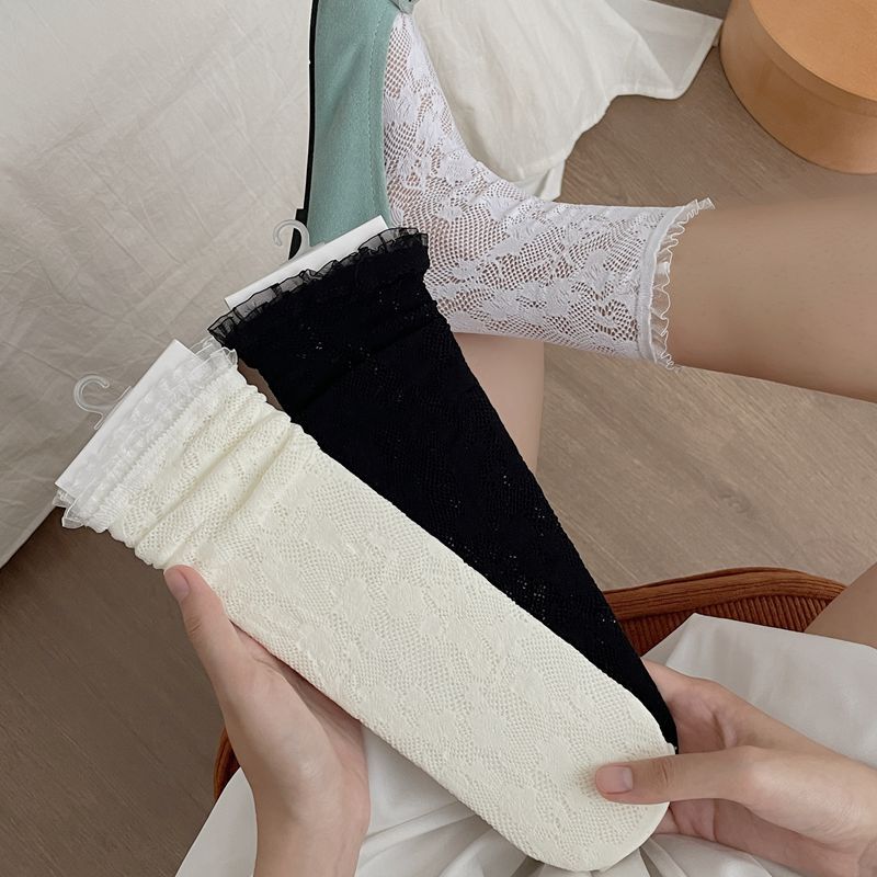 日系lolita蕾丝袜子女白色中筒袜夏季薄款ins堆堆袜JK欧根纱短袜