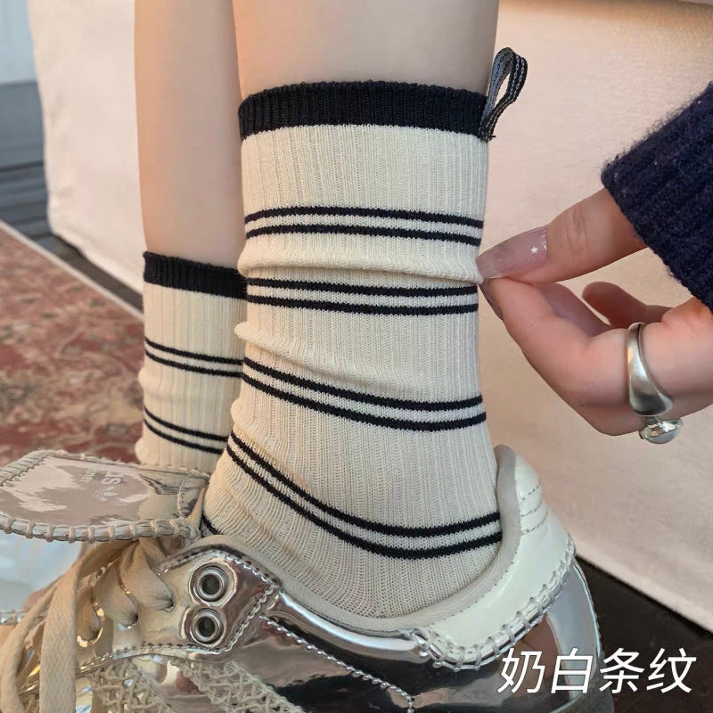 奶白色条纹袜子女秋季纯棉布标中筒袜ins潮韩版学院风长袜堆堆袜
