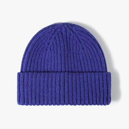Blue solid ribbed cuffed knit beanie product view