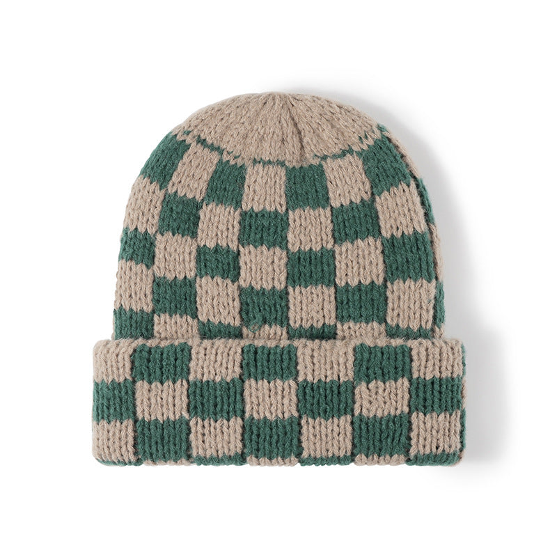 Khaki Green checkerboard knit cuffed beanie detail