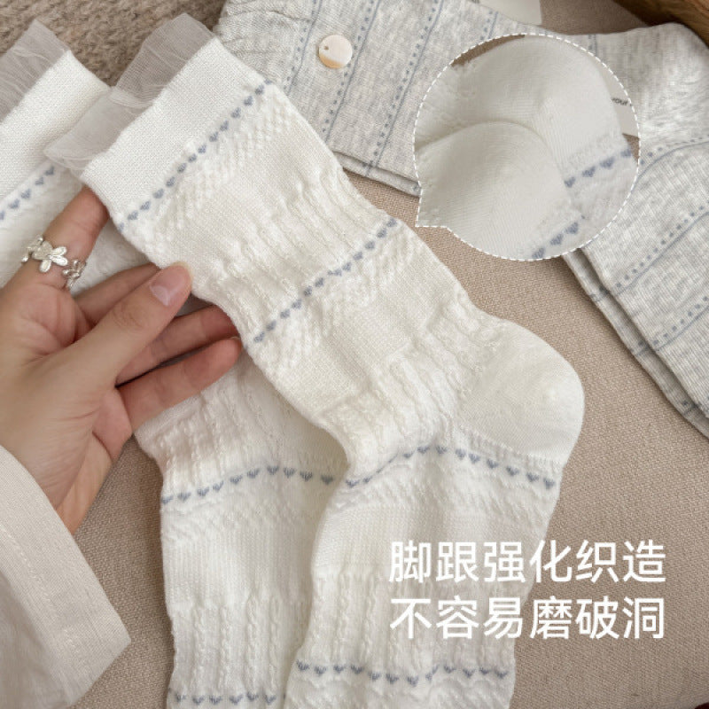 远润家秋冬韩系海盐蓝木耳花边中筒女袜复古百搭无骨堆堆棉袜