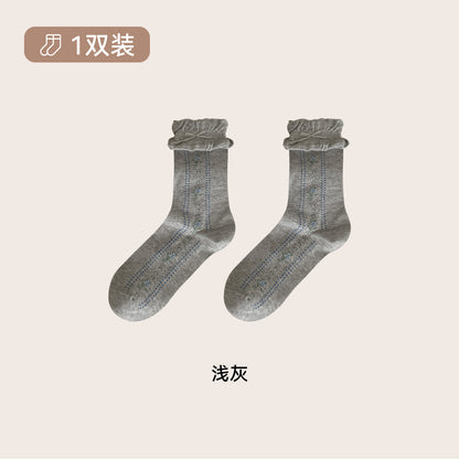 CHEEMYFREE秋冬复古田园立体花边中筒袜子女韩系花束无骨堆堆棉袜