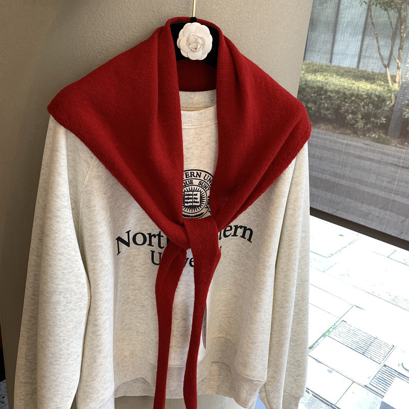 韩系撞色百搭三角巾小众高级平板飘带针织纯色外搭披肩坎肩三角巾