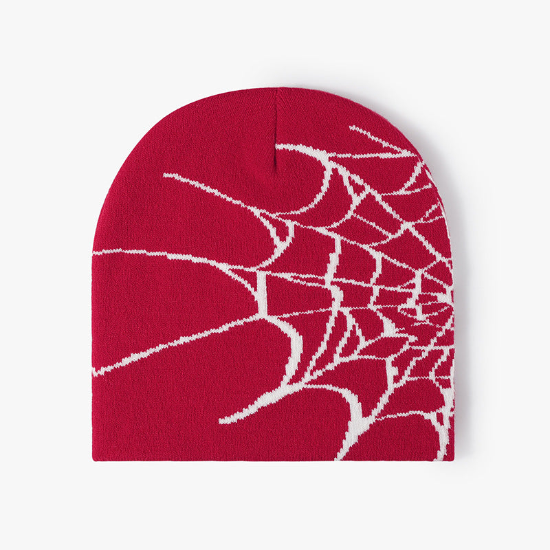 Red spiderweb graphic brimless knit beanie product view