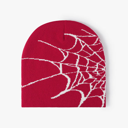 Red spiderweb graphic brimless knit beanie product view