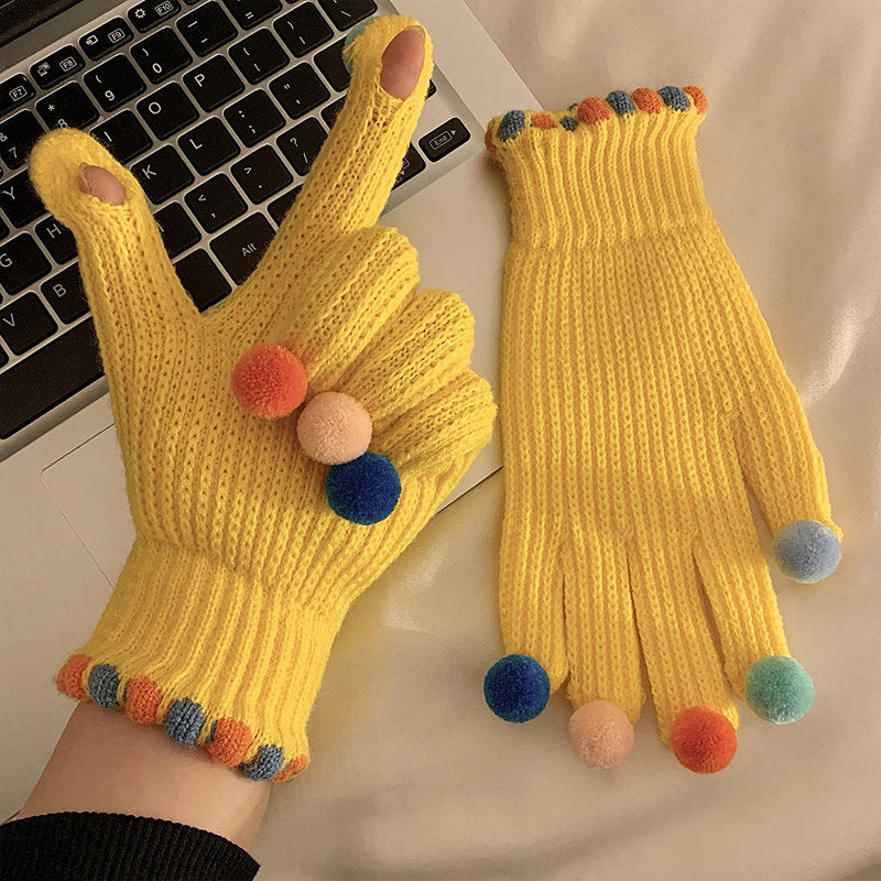 Gloving - Multicolor Pom-Pom Ribbed Gloves