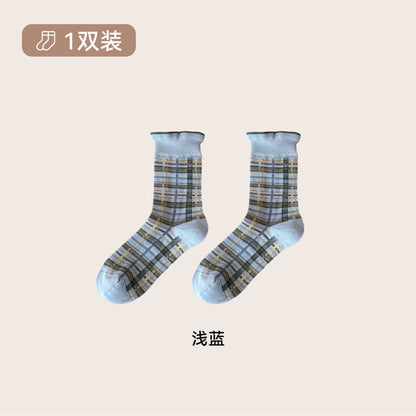 远润家日系复古格子条纹袜子中筒女秋冬新款百搭无骨堆堆袜