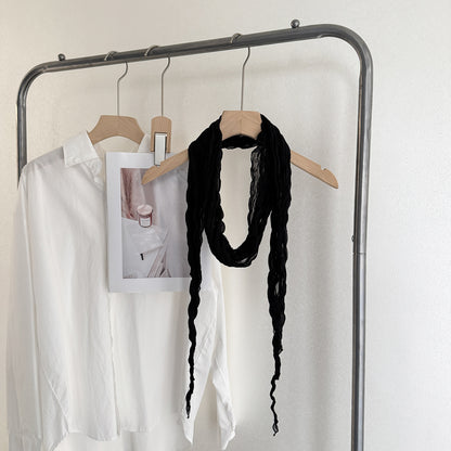 日系文艺风！复古纯色围巾女薄款褶皱丝巾秋冬氛围感细窄长条围脖