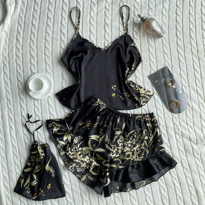 Cherry Blossom Pattern Faux Silk Pajama (2-Piece) color options including Green, Light Green, Gray