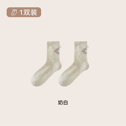 远润家秋冬小清新复古小花中筒袜子女秋少女风无骨堆堆女袜