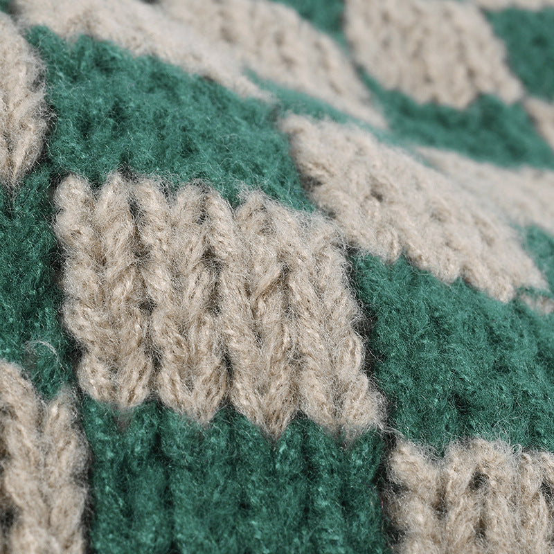 Khaki Green checkerboard knit cuffed beanie detail
