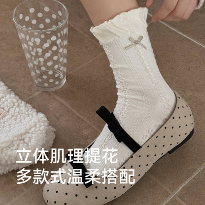 远润家秋冬新款复古森系肌理中筒袜子女百搭花边无骨堆堆袜
