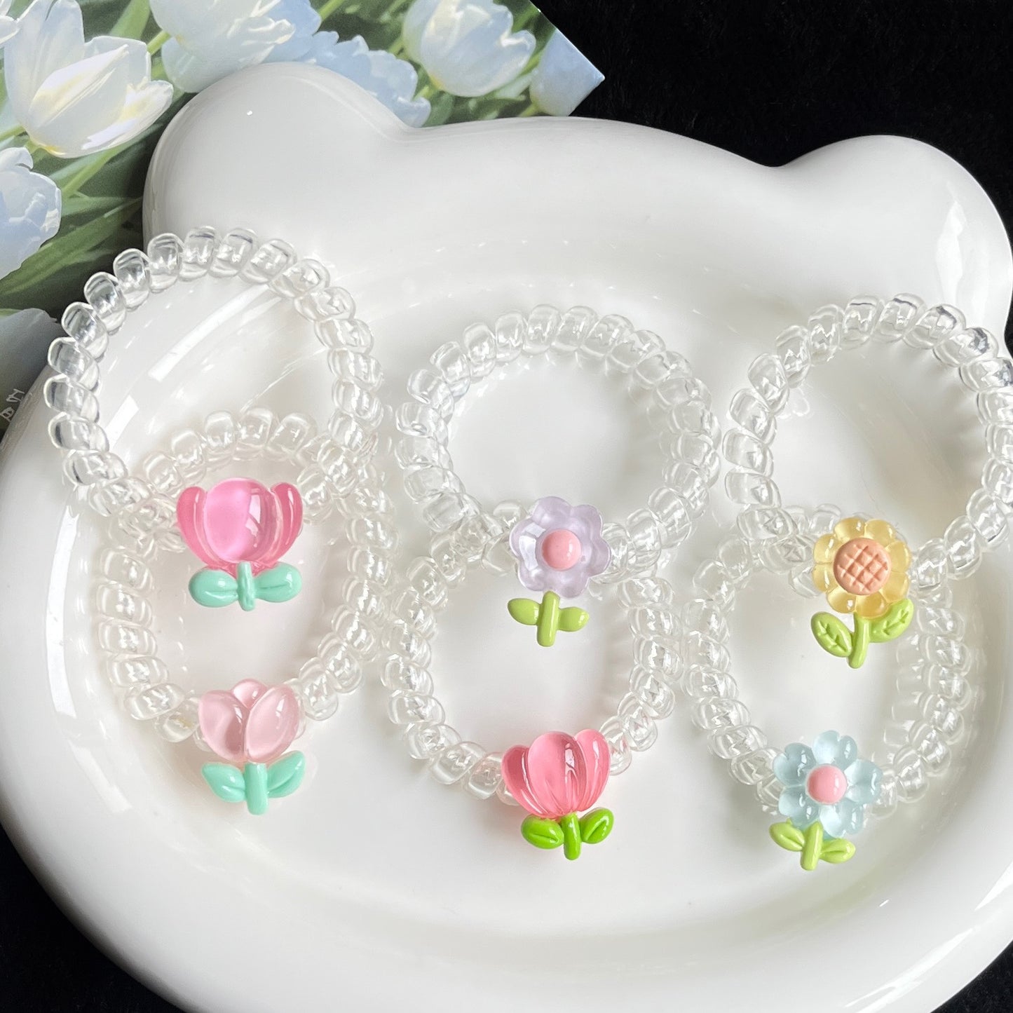 Telo - Small Flower Decorated Transparent Hair Ties (Set of 6)