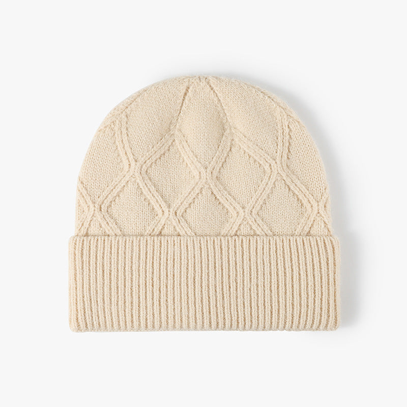 Beige cable diamond faux rabbit knit beanie product view