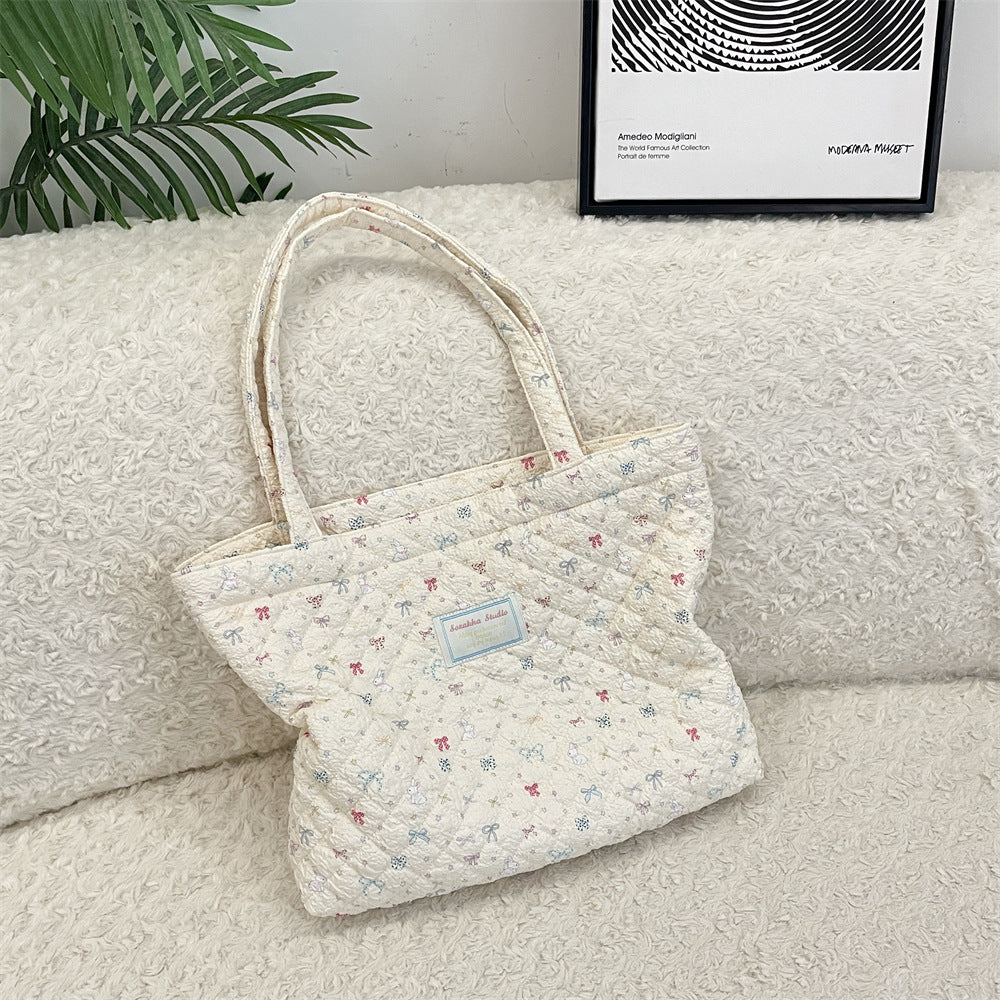 Cosbai - Floral Quilted Tote Bag with Cartoon Pattern