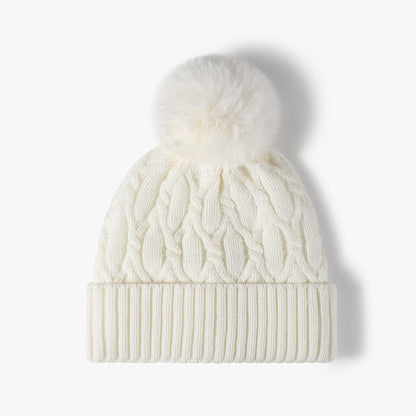White cable knit pom-pom cuffed beanie product view