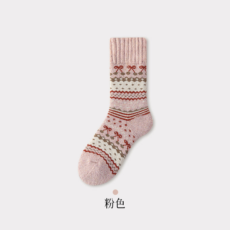 冬季超厚羊毛袜子女复古民族风蝴蝶结中筒袜降温保暖毛圈雪地袜