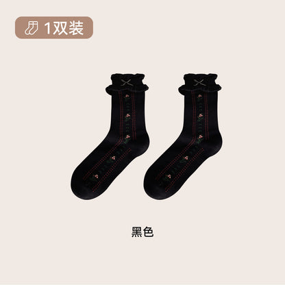 CHEEMYFREE秋冬复古田园立体花边中筒袜子女韩系花束无骨堆堆棉袜