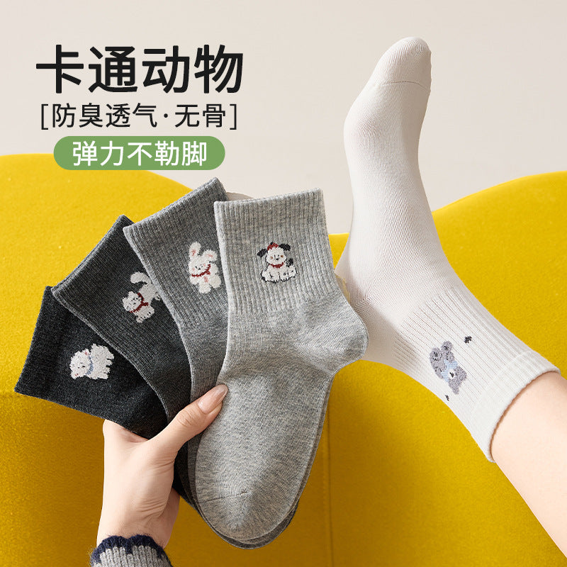 卡通袜子女中筒袜春秋防臭吸汗棉袜可爱女袜白色女士无骨长筒袜