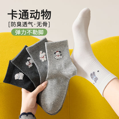 卡通袜子女中筒袜春秋防臭吸汗棉袜可爱女袜白色女士无骨长筒袜