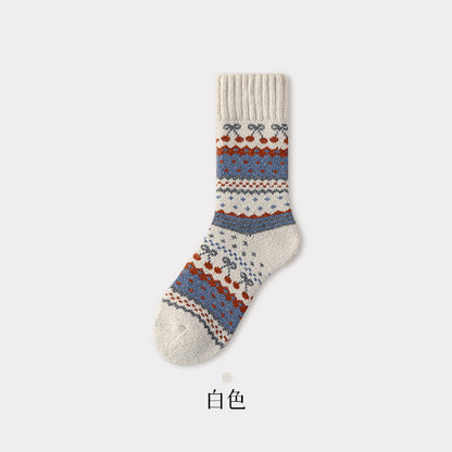 冬季超厚羊毛袜子女复古民族风蝴蝶结中筒袜降温保暖毛圈雪地袜