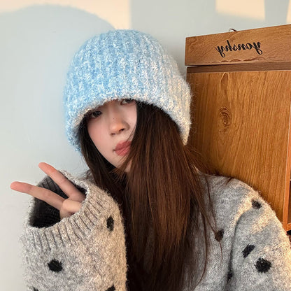 Light Blue textured fleck knit beanie side view on a model