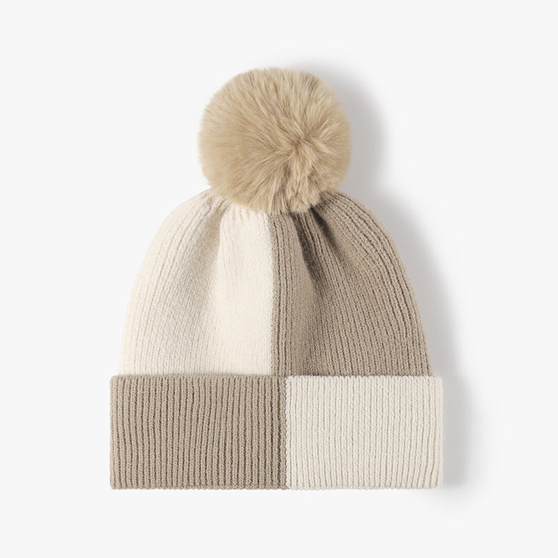 Beige colorblock fleece-lined pom-pom beanie product view