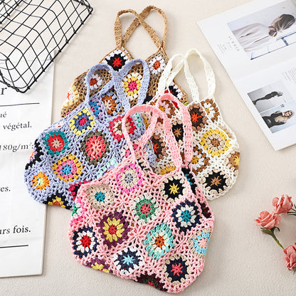 Close-up of Cosbai Bohemian crochet woven bag highlighting woven design