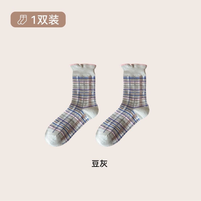 远润家日系复古格子条纹袜子中筒女秋冬新款百搭无骨堆堆袜