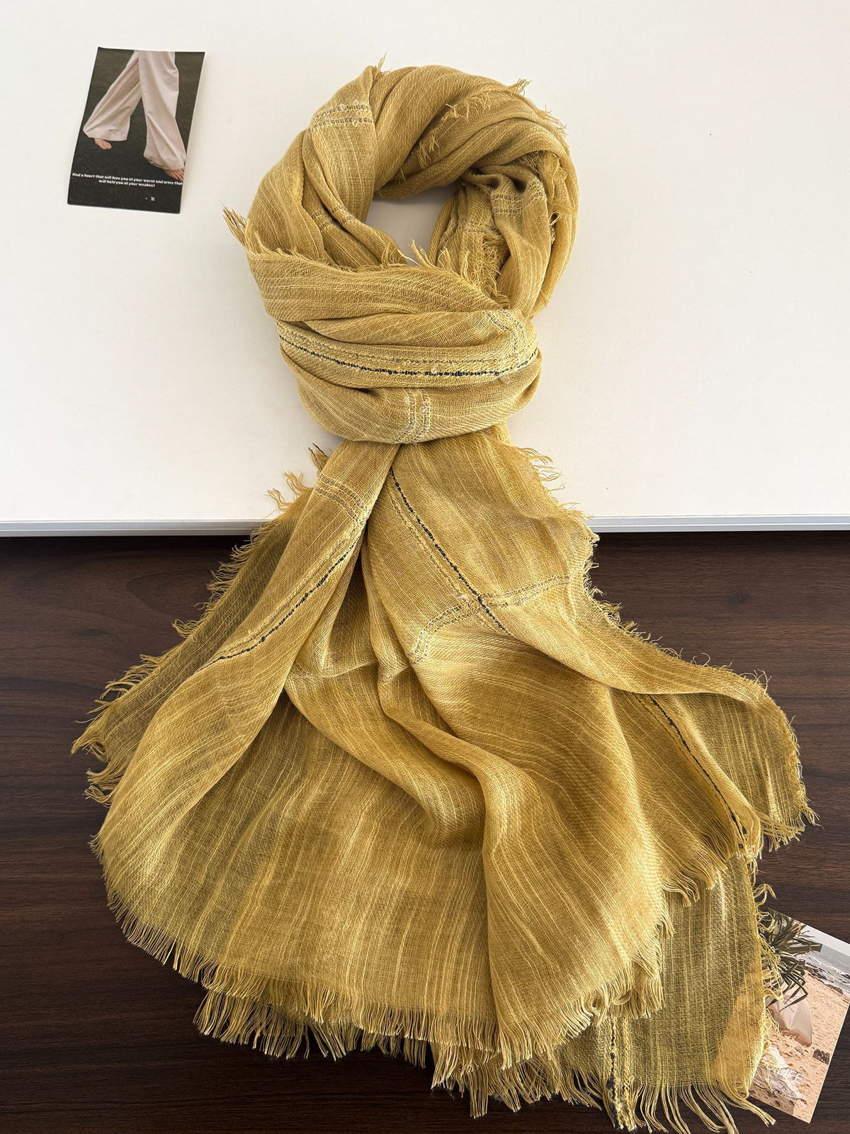Product image for Scarvii - Gauzy Openwork Stripe Fringed Scarf (Mustard Yellow)