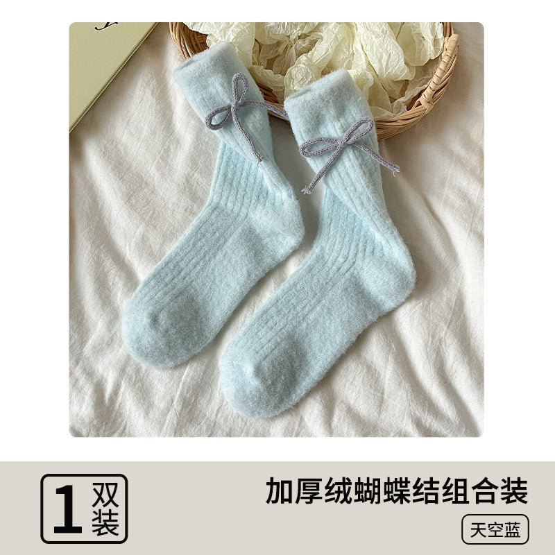 阿程家批发澳绒袜子女士秋冬加绒加厚中筒袜保暖冬季蝴蝶结堆堆袜