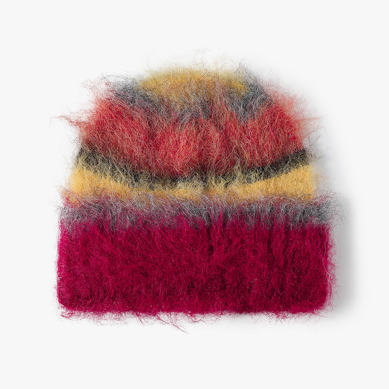 Red fuzzy multicolor striped cuffed beanie product view