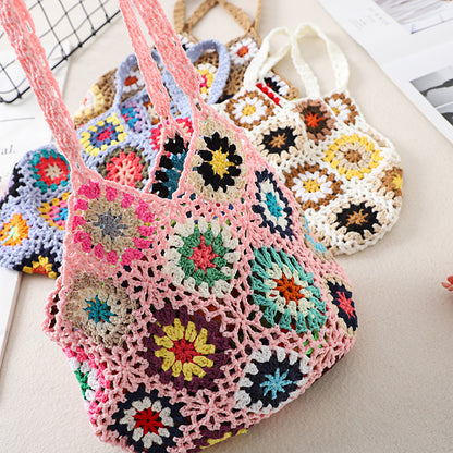 Side angle of Cosbai Bohemian crochet woven bag showing texture detail