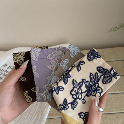 远润家秋冬浮雕咖色小花袜子复古无骨花卉女袜紫色系创意插画棉袜