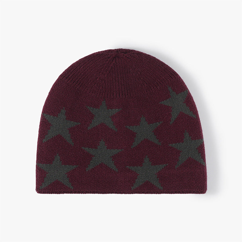 Red star jacquard fleece-lined knit beanie product view