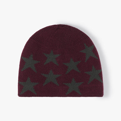 Red star jacquard fleece-lined knit beanie product view