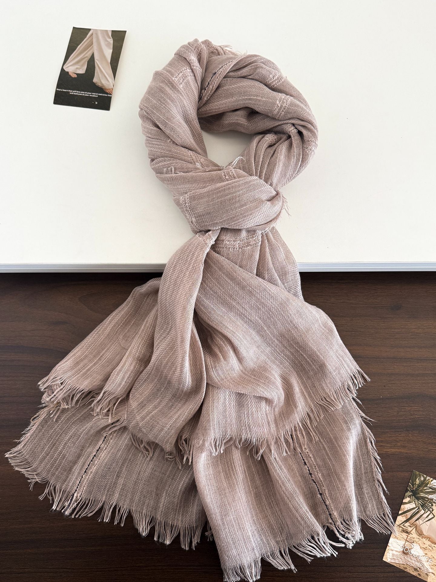 Product image for Scarvii - Gauzy Openwork Stripe Fringed Scarf (Light Coffee)