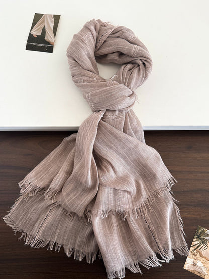 Product image for Scarvii - Gauzy Openwork Stripe Fringed Scarf (Light Coffee)