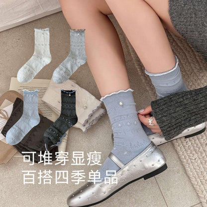 远润家秋冬新款小清新公主风中筒袜子女珍珠花边甜美无骨袜