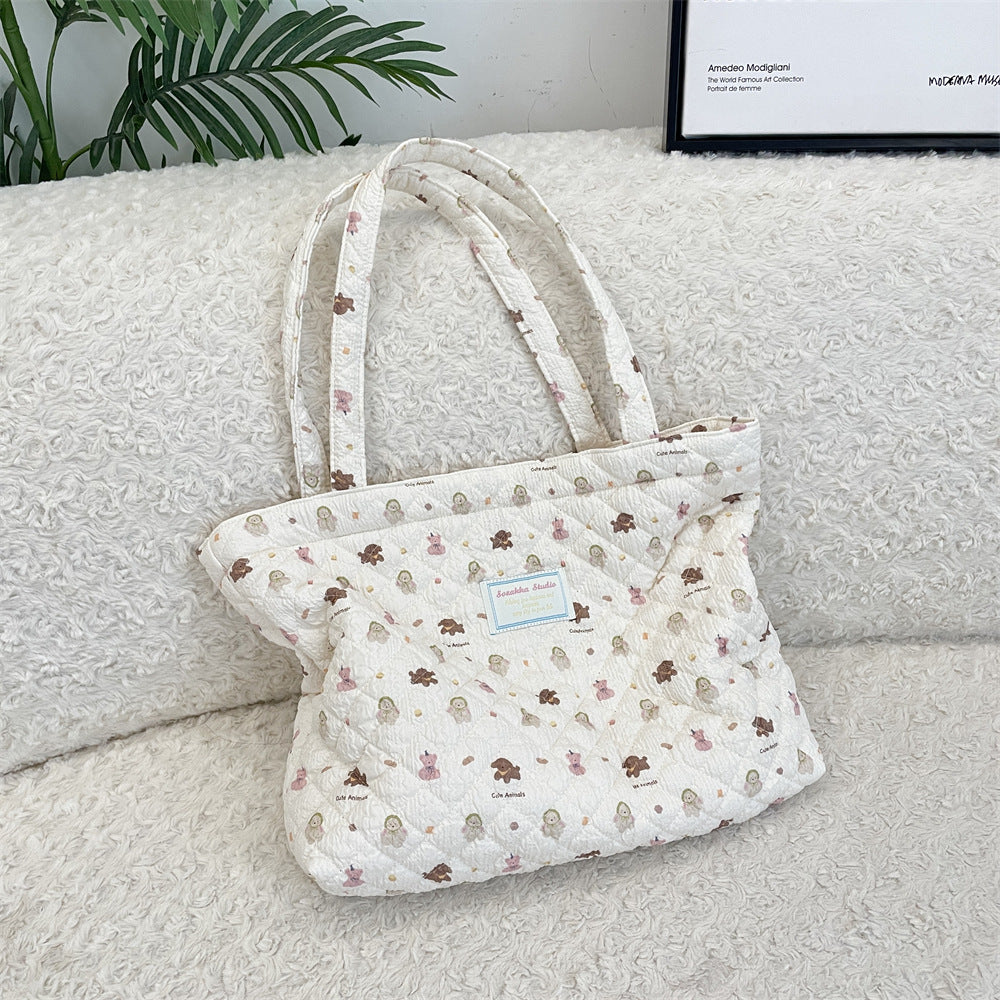 Cosbai - Floral Quilted Tote Bag with Cartoon Pattern