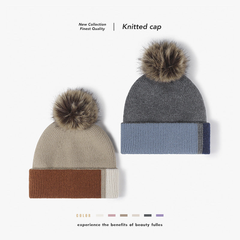Gray colorblock plush lined pom knit beanie overview