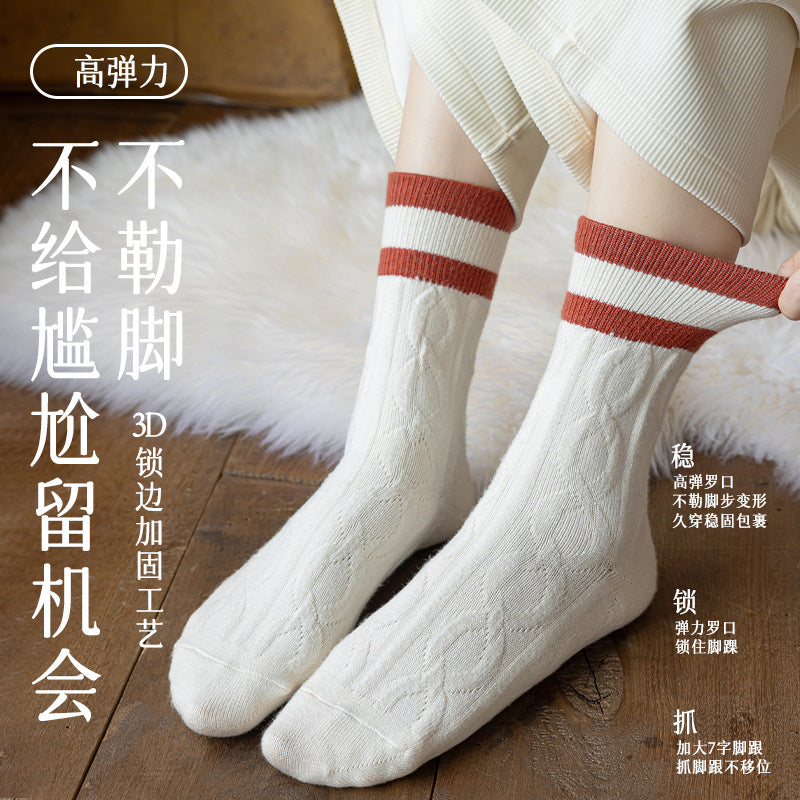 阿程家批发秋冬季加绒加袜子女复古麻花中筒袜高筒韩版条纹堆堆袜