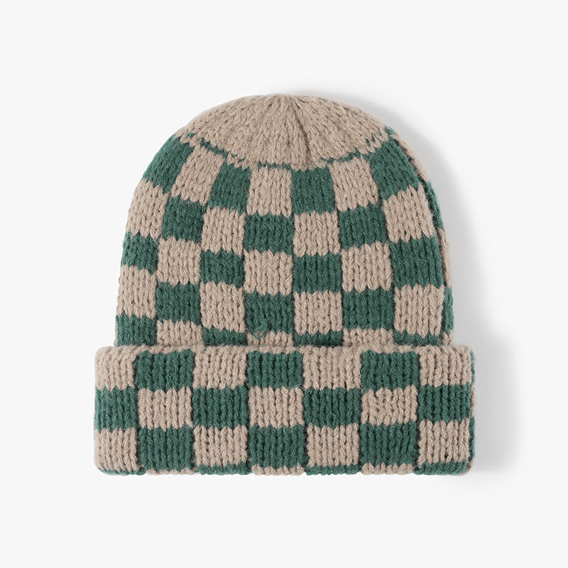 Khaki Green checkerboard knit cuffed beanie
