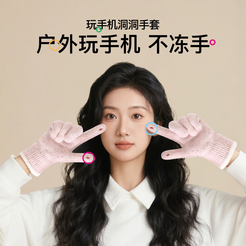 冬季成人手套女彩点蝴蝶结露指骑行手套女户外双层加厚保暖手套男