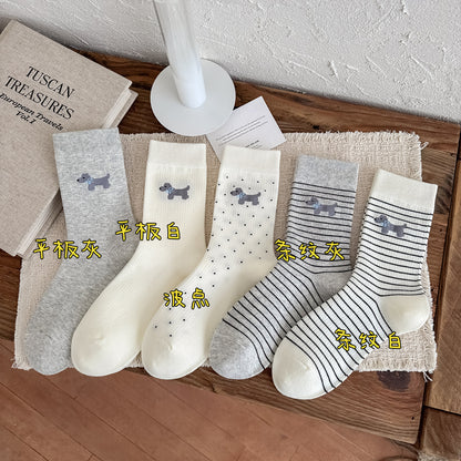 小狗袜子女士春秋款棉袜透气防臭无骨中筒袜灰色系堆堆袜女袜长袜