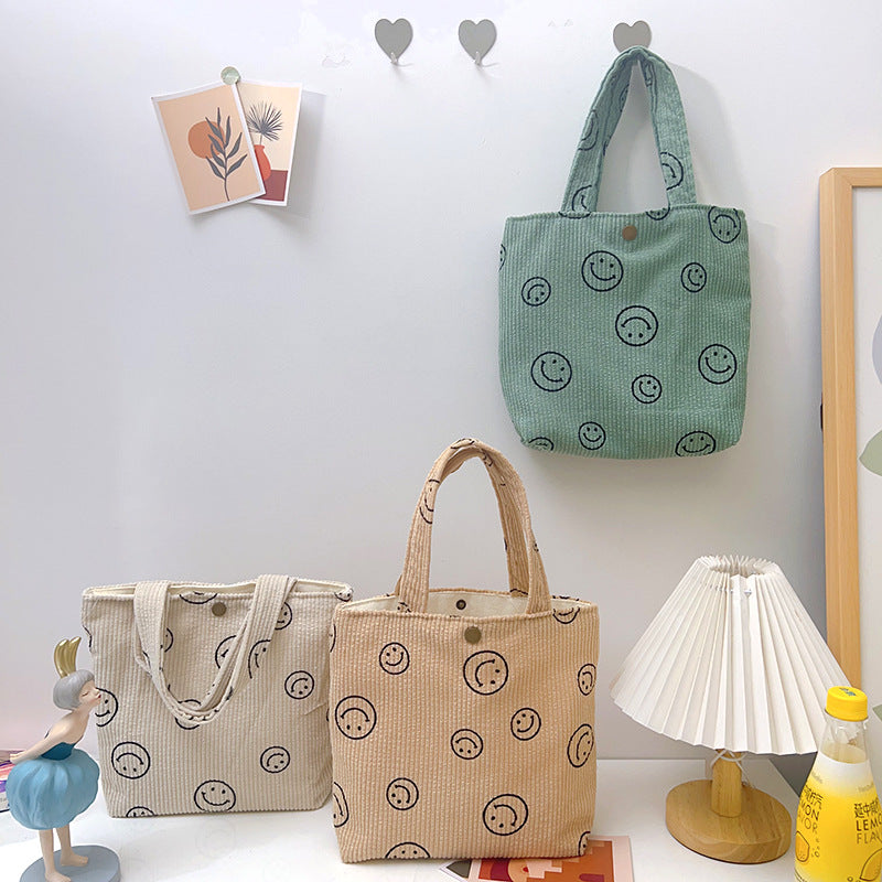 Corduroy Tote Bag with Smiley Face Design