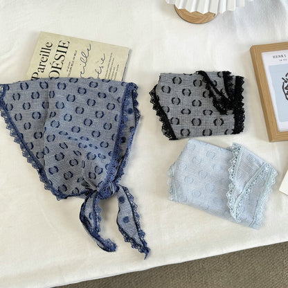 甜美小姐姐温柔浪漫波点蕾丝三角巾复古棉麻小领巾ins发带头巾