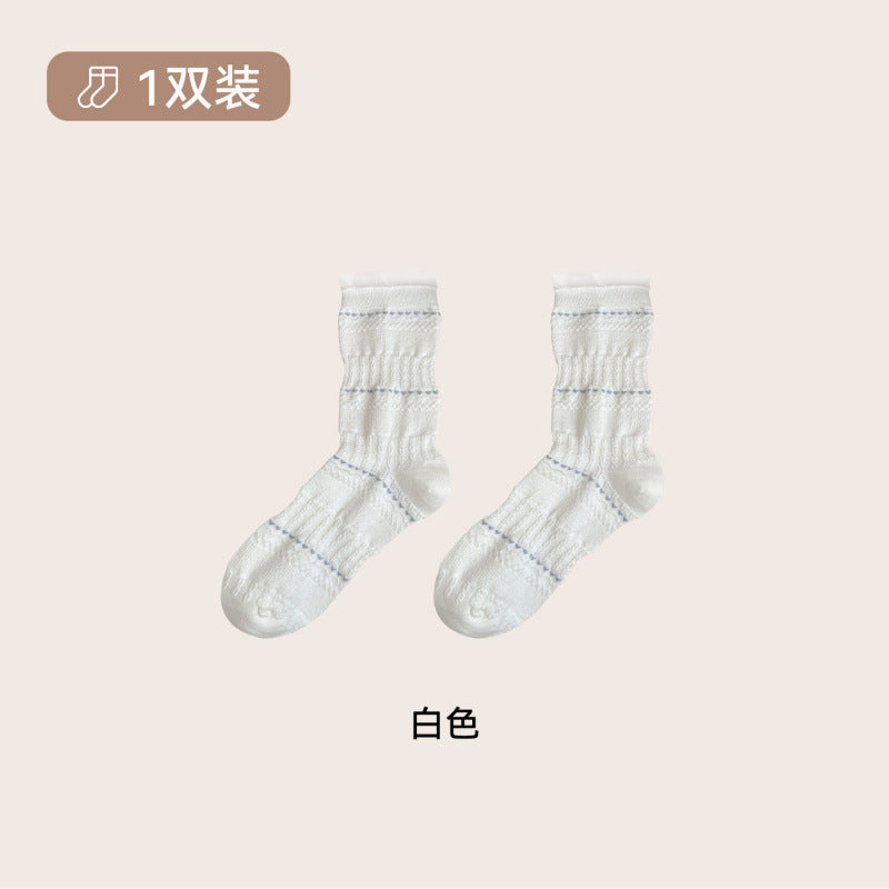 远润家秋冬韩系海盐蓝木耳花边中筒女袜复古百搭无骨堆堆棉袜